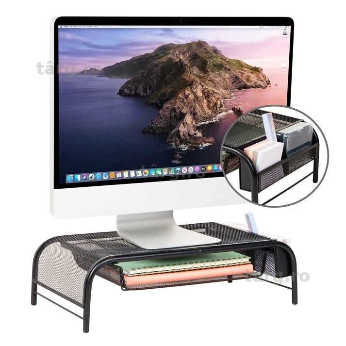 Stand monitor plasa metalica cu sertar si rafturi laterale ergonomic