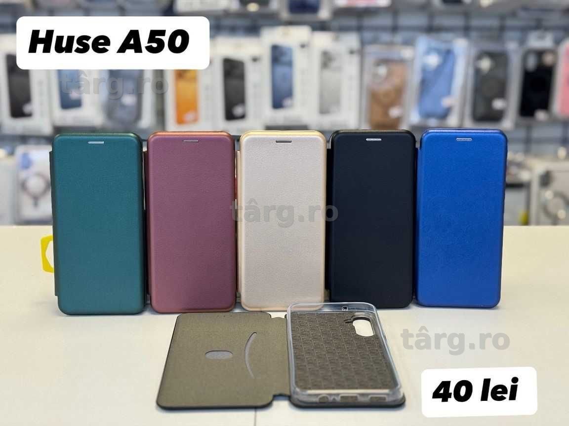 Husa piele ecologica tip carte, folie, cablu, incarcator Samsung A50 2