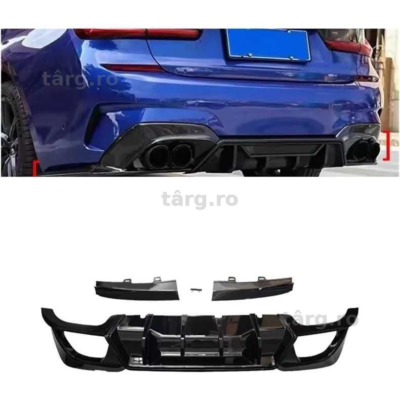 Difuzor Competition cu Extensii Laterale Bara Spate M BMW G20 G21, Evacuari Duble, 340 style, Negru Lucios