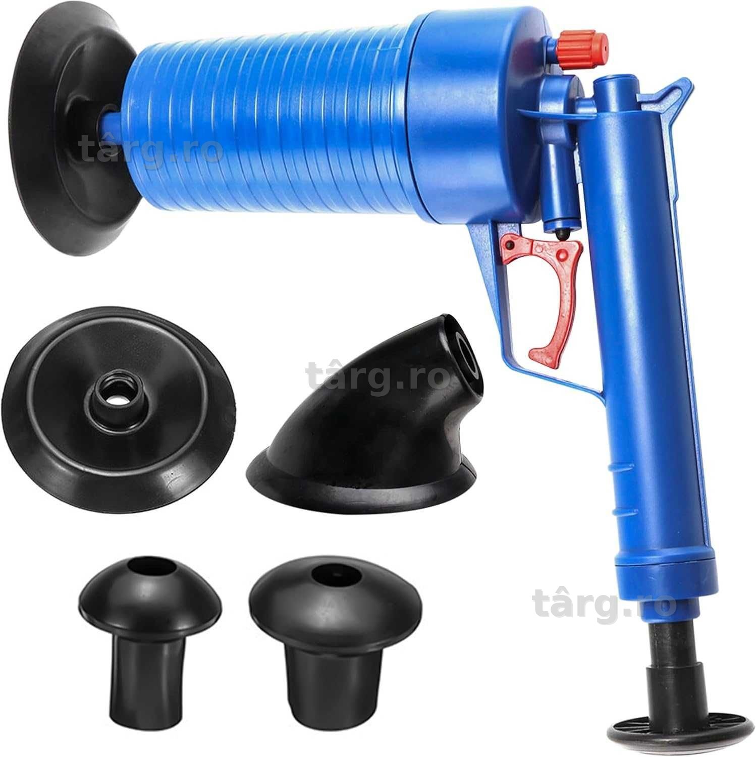 Pistol profesional cu presiune pentru desfundat tevi si WC 4 ventuze