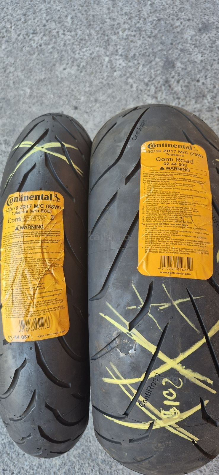 2 anvelope moto noi Continental,fata 120/70 ZR17 M/C,spate 190/50 ZR17 M/C.Pretul este pe bucata. 2