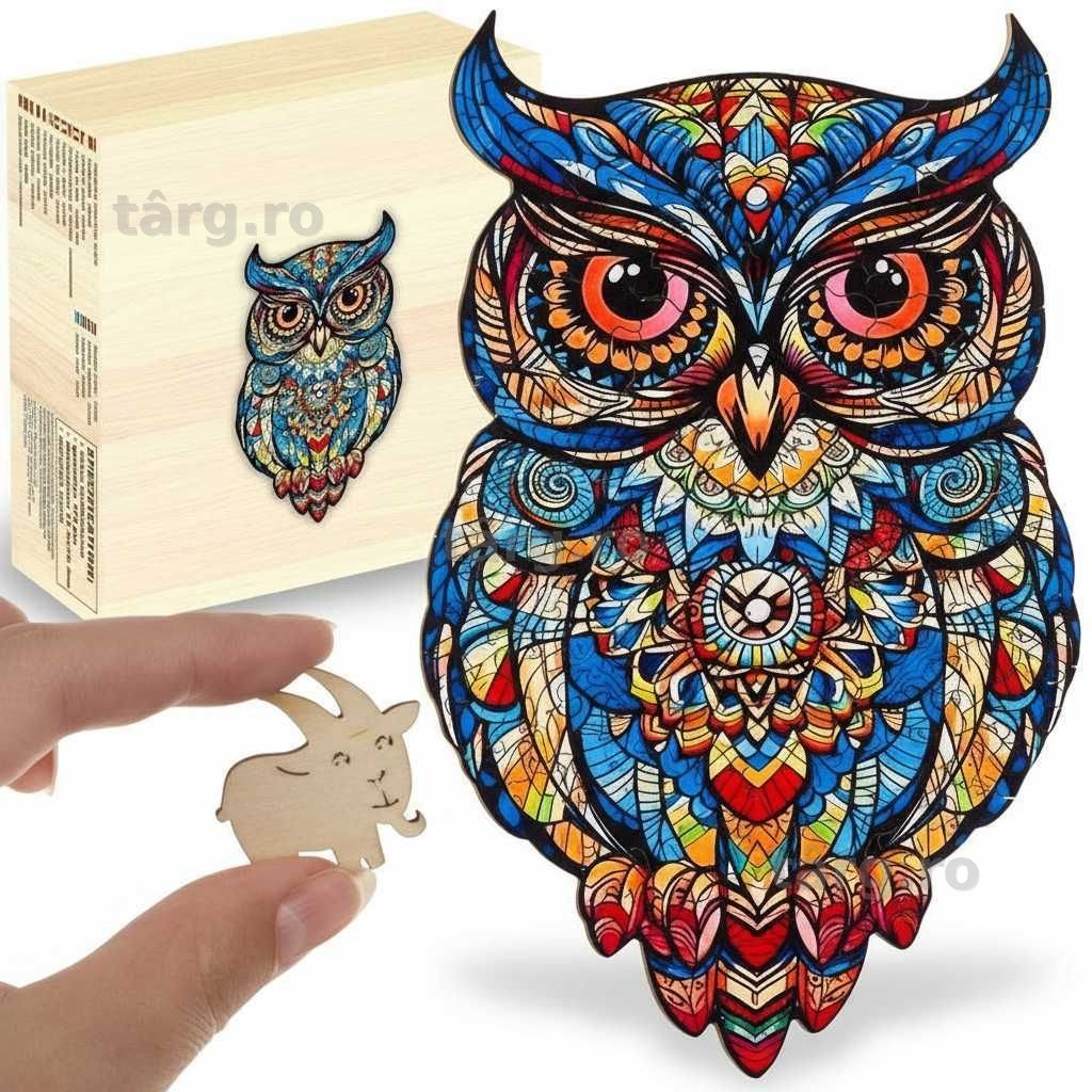 Puzzle din lemn bufnita 177 piese colorate adulti si copii 38x21.5 cm