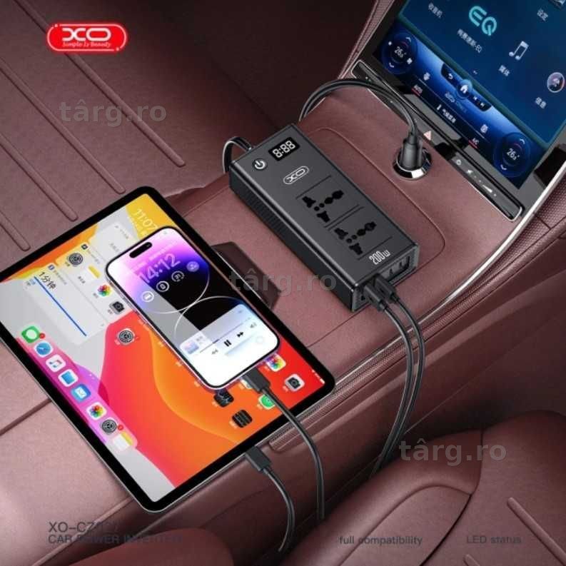 Invertor Auto, Putere 200W, Dual AC, Porturi Type-C si USB, Negru 4