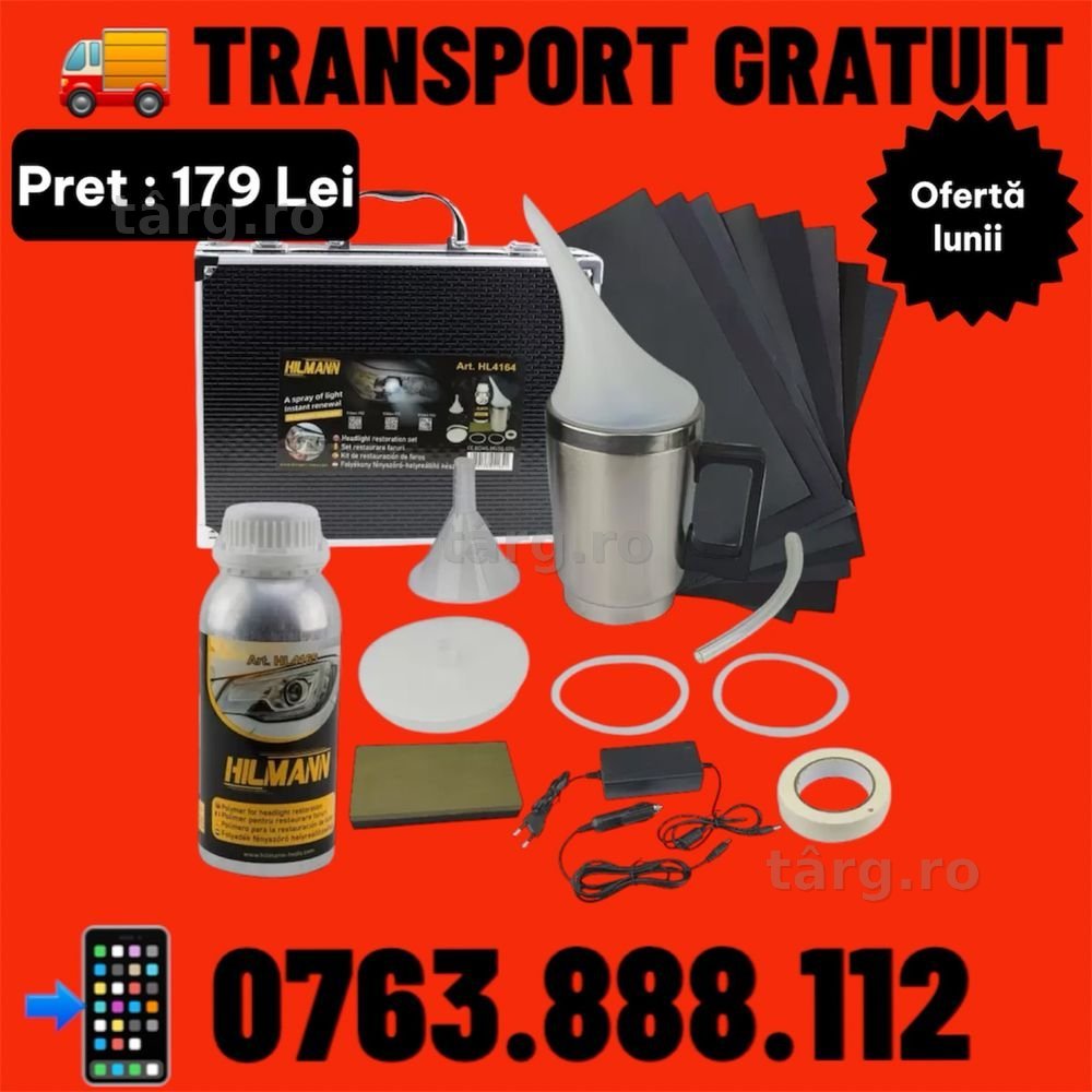 Kit Hilmann polimerizare polisare restaurare polish faruri auto cu polimer lichid 600 ml Nou