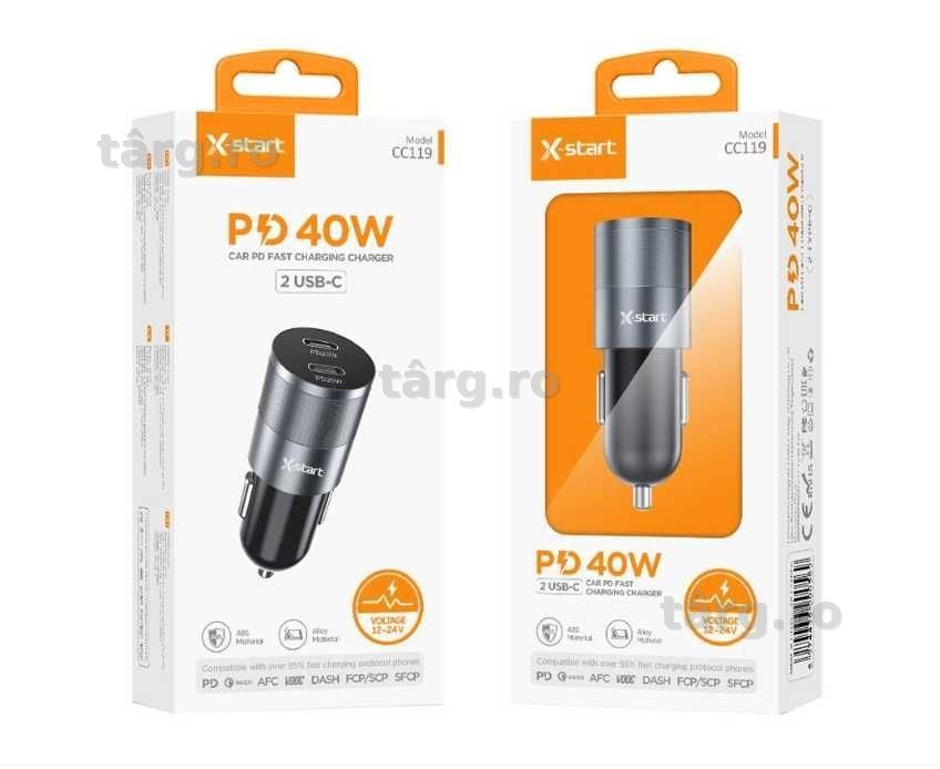 Incarcator auto X-Start PD 40W – 2 PD x USB-C, Fast Charge 4