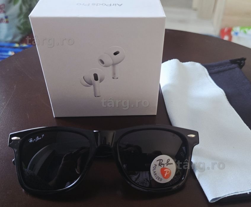 Set ochelari de soare Ray-ban Wayfarer negru + cadou Airpods Pro gen2