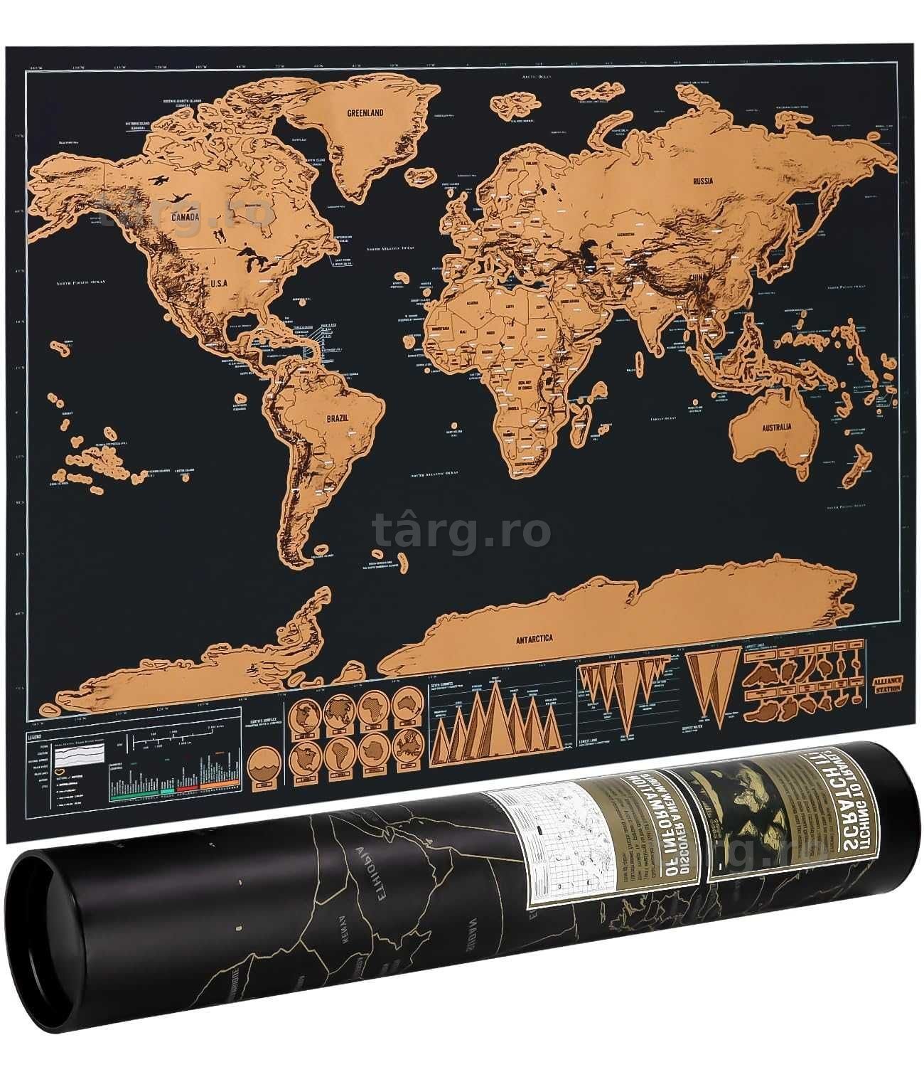 Harta lumii de razuit XXL pentru exploratori si calatori 82 x 59 cm