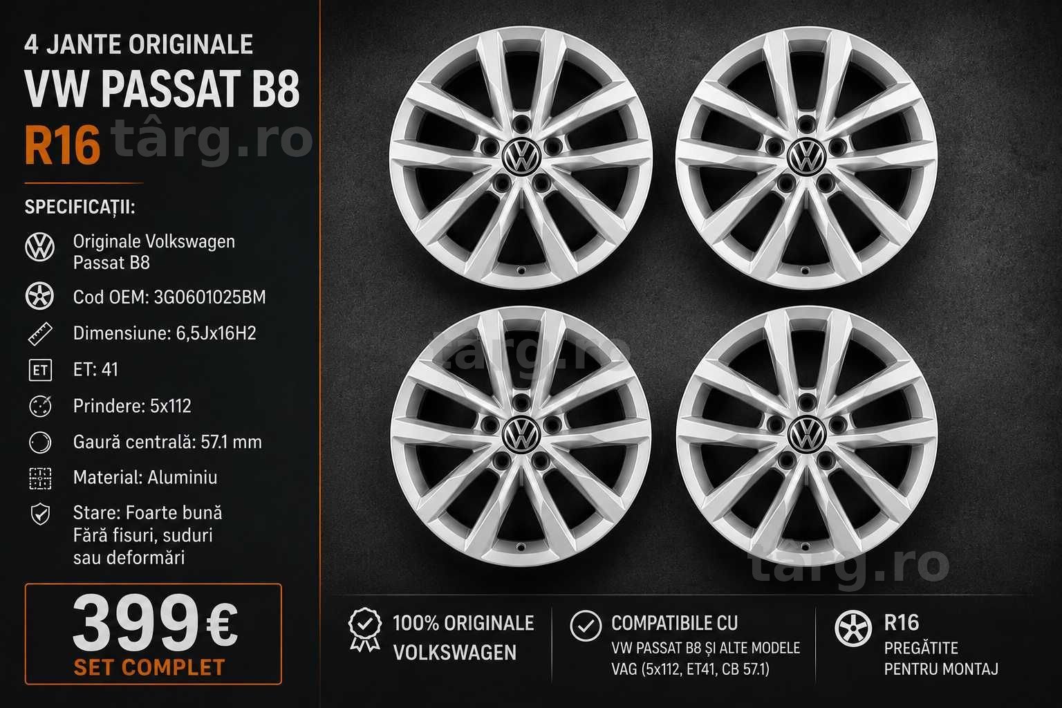 Jante Aliaj 16 5x112 Sepang Originale Vw Passat b8 Golf Touran Sharan Skoda Seat
