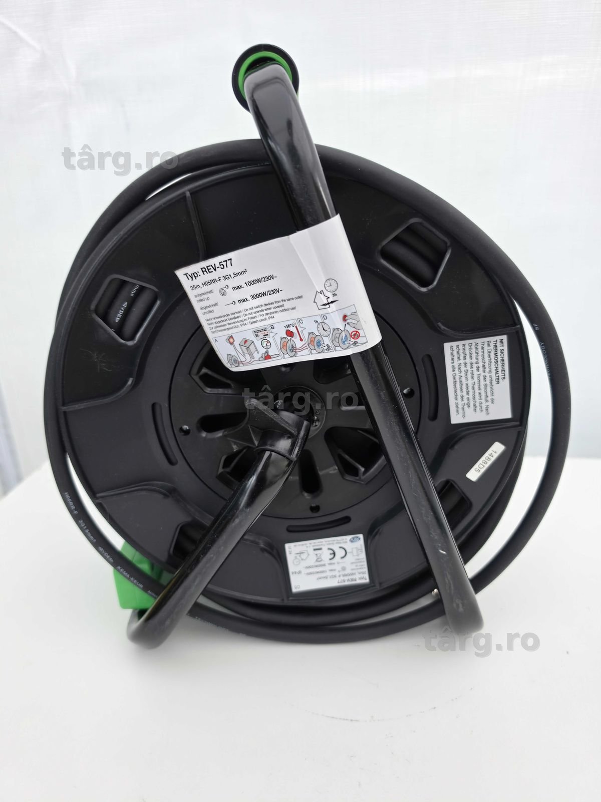 Rola de cablu REV H05RR IP44, 25 m, 3000 W, pentru exterior, cu 4 prize 5