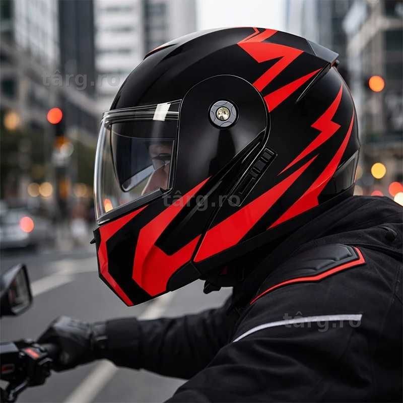 Casca Moto/Scuter/ATV Flip-Up, viziera dubla, Negru cu Rosu, L 59-60cm 3