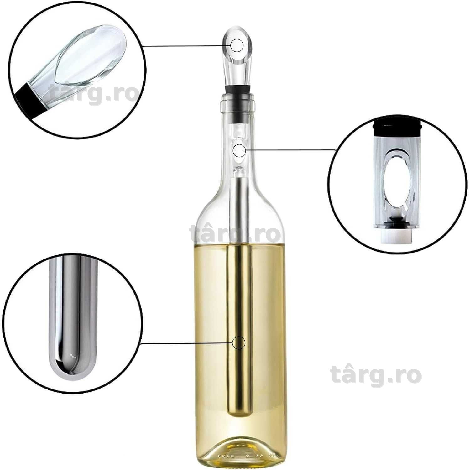 Racitor pentru sticla de vin cu picurator si aerator inox