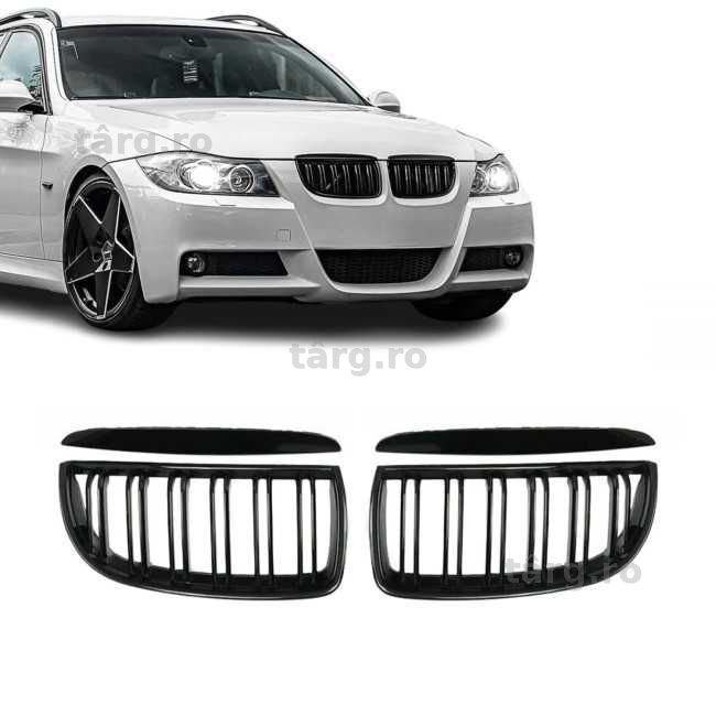 Grile Duble Nari Bara Fata Style M BMW Seria 3 E90 E91 (05-08), Negru Lucios