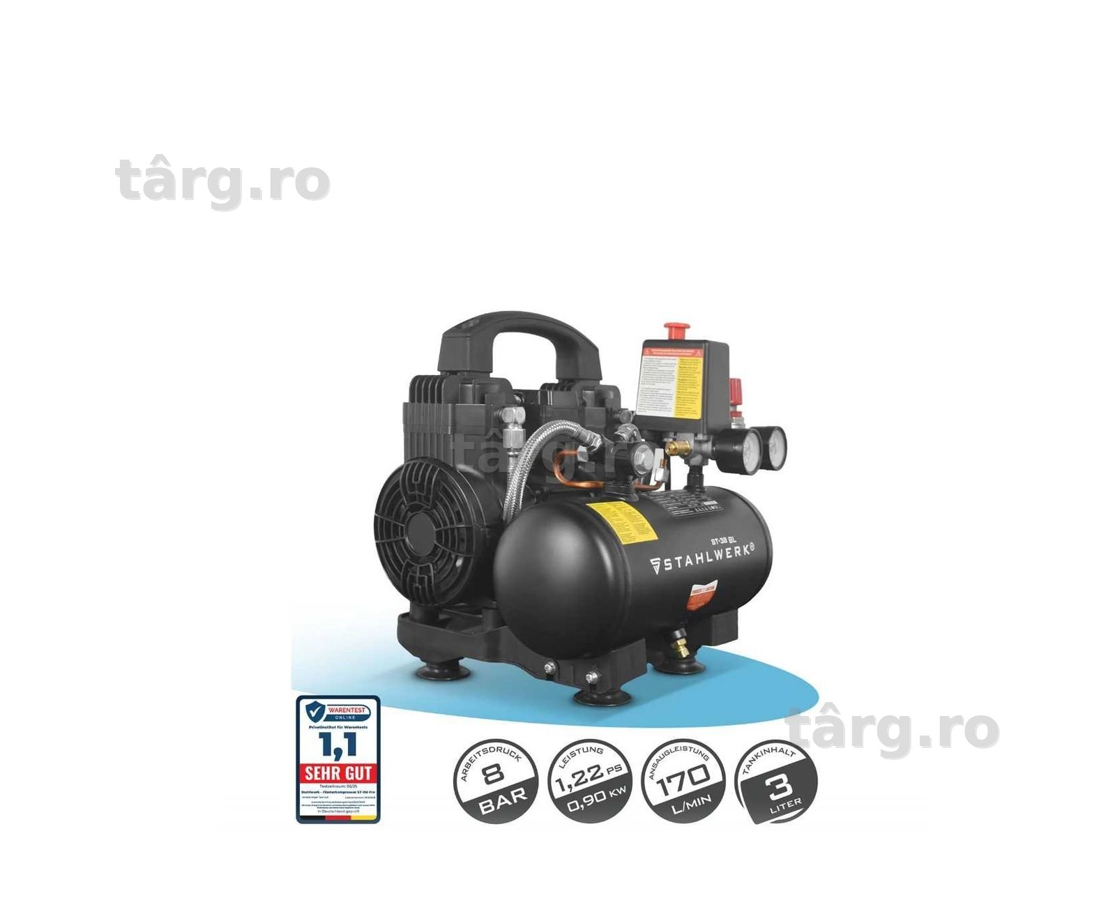 Compresor STAHLWERK ST-38 BL cu 8 bar 1,22 CP 0,90 kW 170 l/min compresor de aer fără ulei cu rezervor de 3 L compresor cu piston compresor silențios