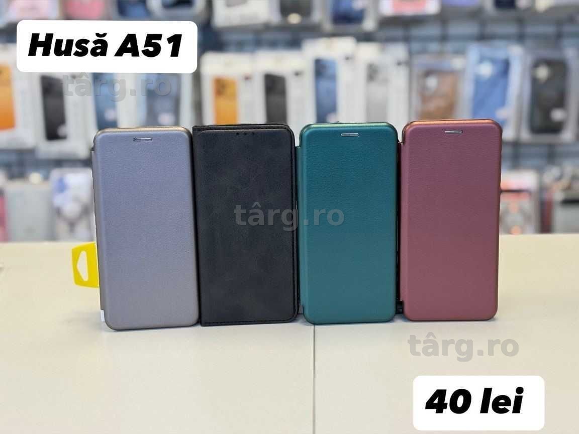 Husa piele ecologica tip carte, folie, cablu, incarcator Samsung A51