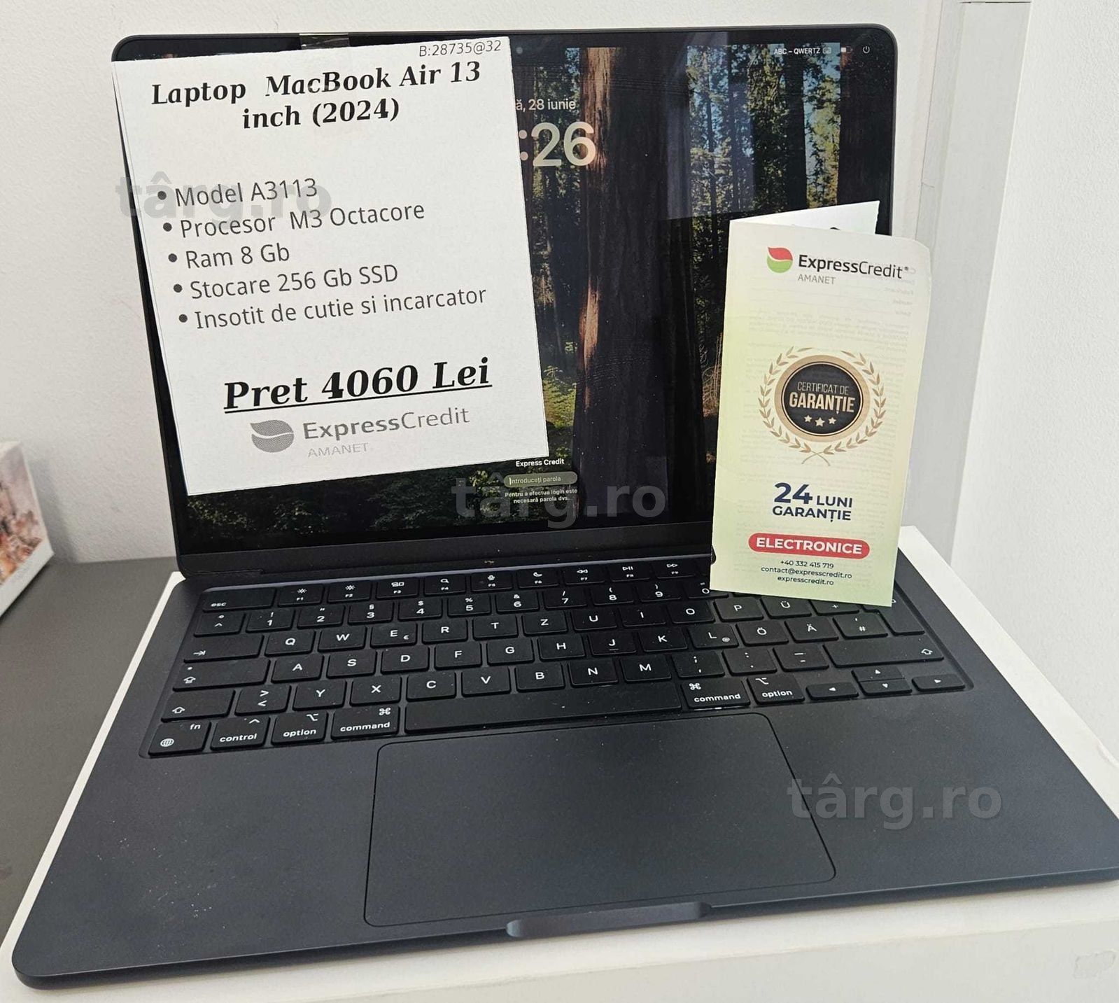 Laptop MacBook Air 13 inch(2024) (AG32 B:28735.1) Garantie 2 Ani!