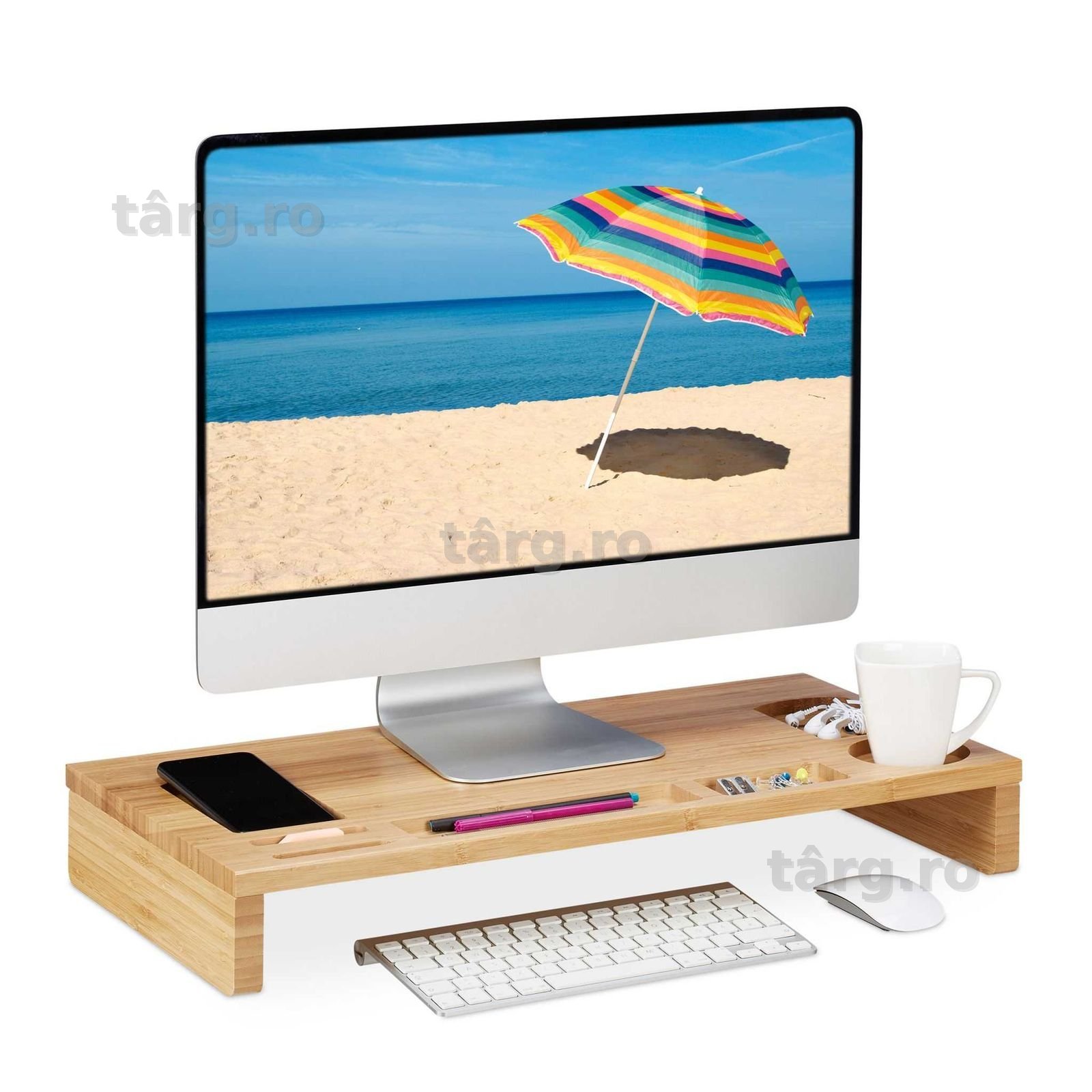Suport pentru monitor din bambus, cu 7 compartimente pentru ustensile