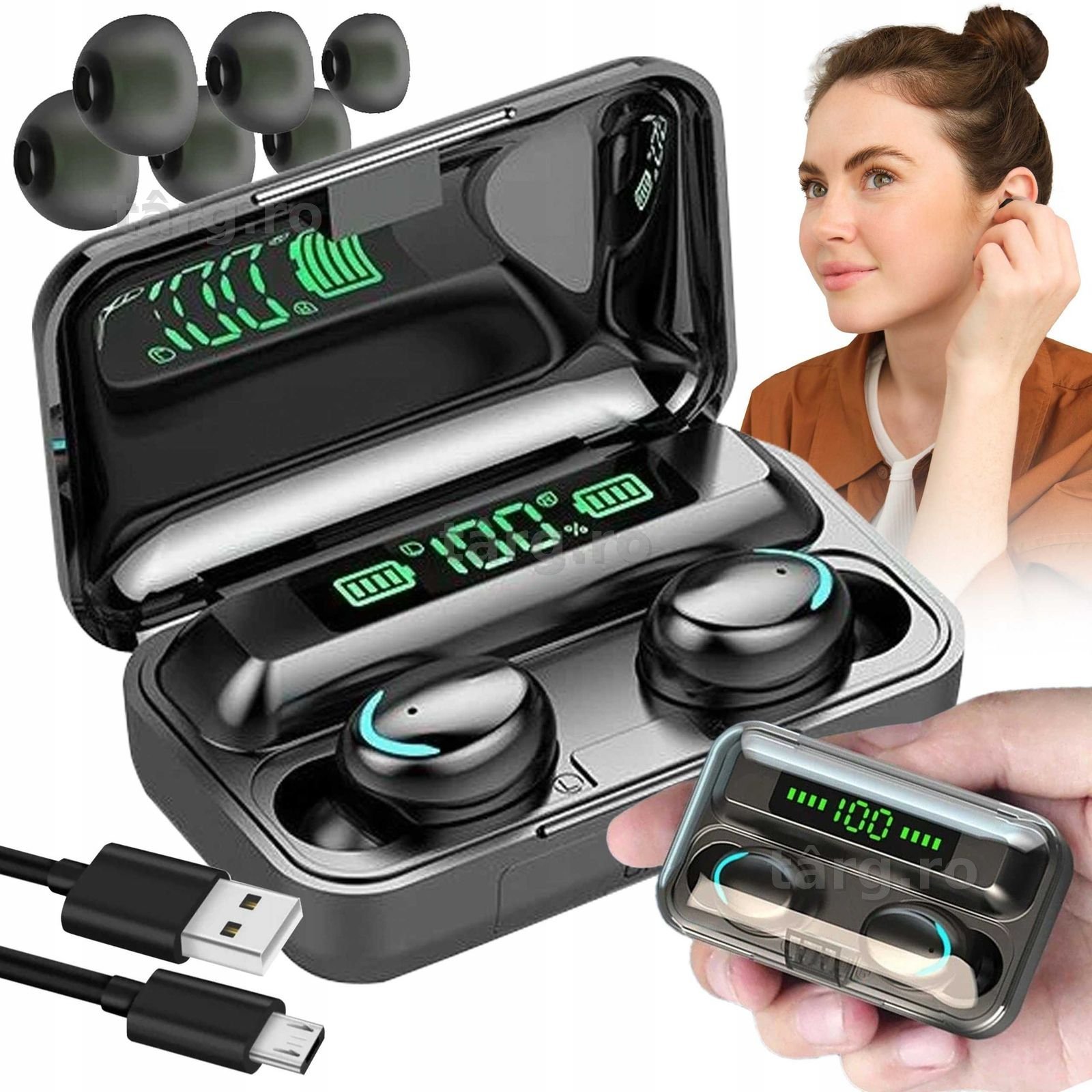 Casti wireless Bluetooth powerbank TWS microfon control tactil 6 ore