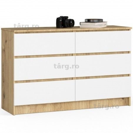 Comodă K120 Comodă Stejar Artisan 120 cm 6 sertare Alb Mat 120x40x77