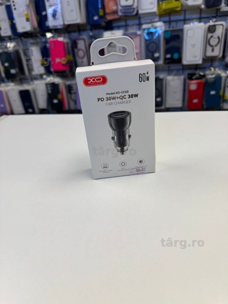 Incarcator auto Fast Charge, 60W, USB-A si USB-C, Negru