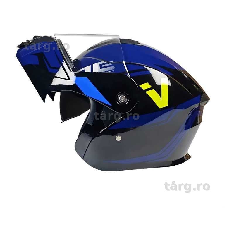 Casca Moto/Scuter Flip-Up, Viziera Dubla, Protectie UV, Albastru Inchis