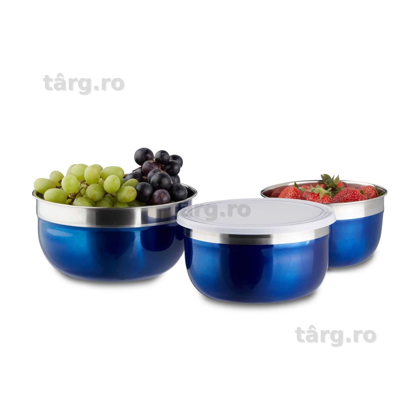Set 3 boluri din inox cu capace ermetice depozitare alimente albastru