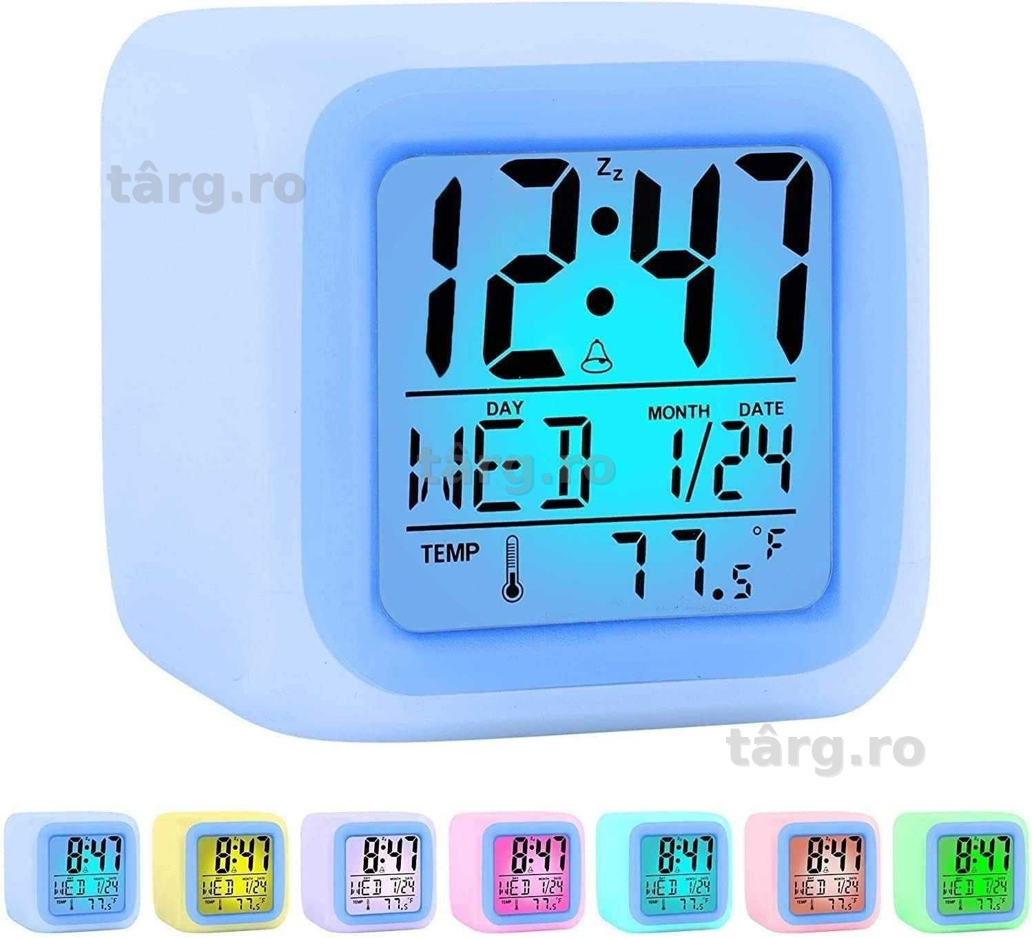 Ceas digital copii lumina 7 culori LED alarma data temperatura 8x8cm