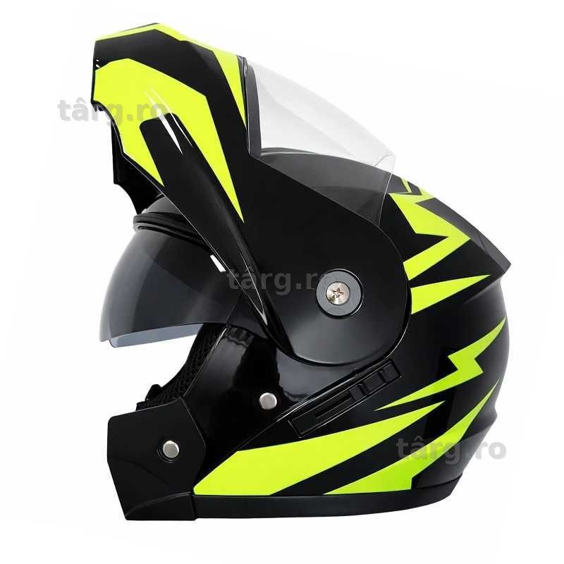 Casca Moto/Scuter/ATV Flip-Up,viziera dubla, Negru cu Verde, L 59-60cm