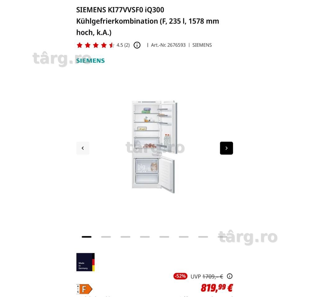 Combina frigorifică încorporabilă Siemens KI77VVSF0