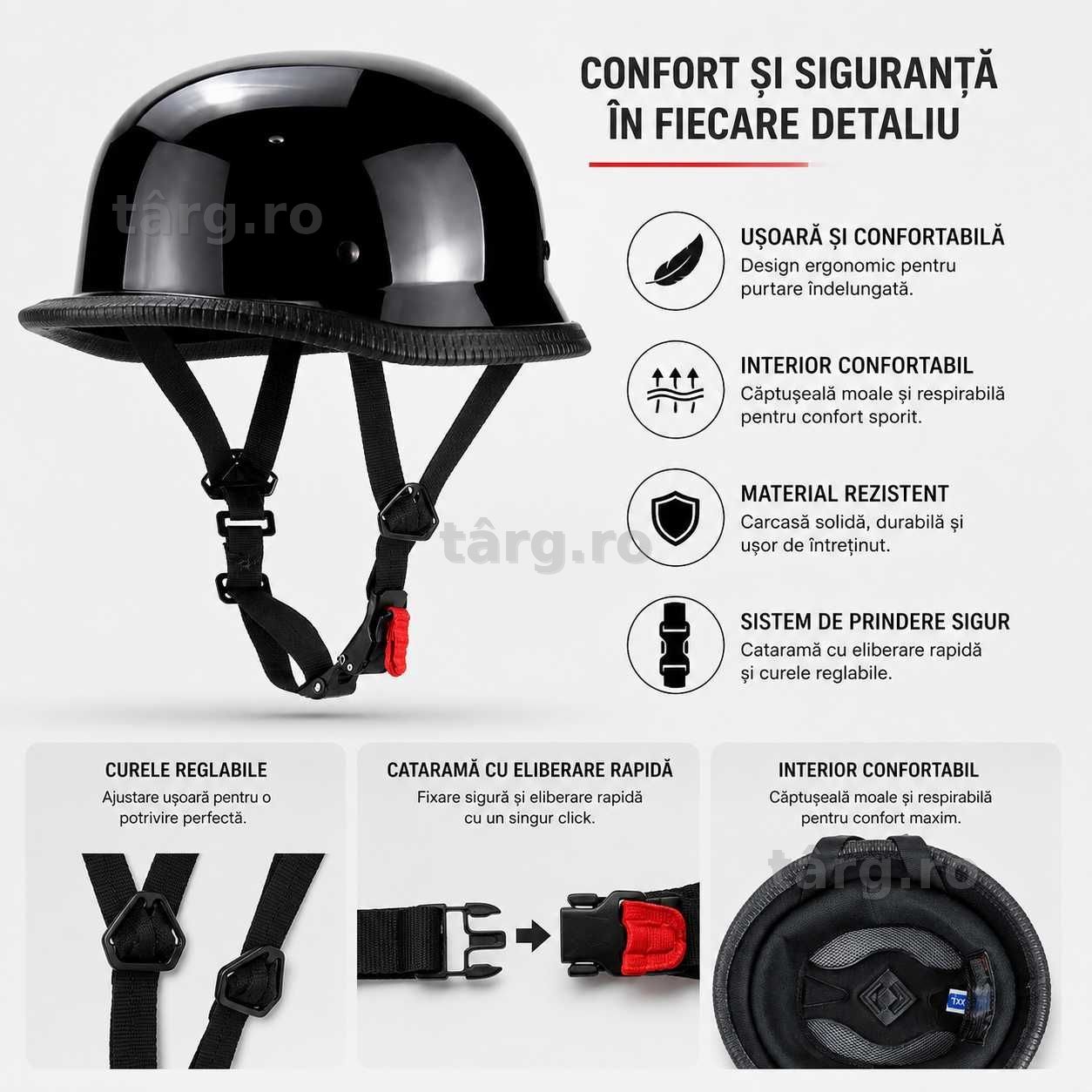 Casca Moto/Scuter Retro German, Interior Confortabil, Prindere rapida, Negru Lucios 2