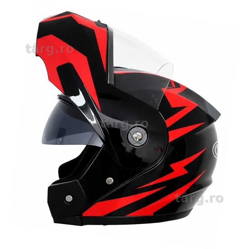 Casca Moto/Scuter/ATV Flip-Up, viziera dubla, Negru cu Rosu, L 59-60cm