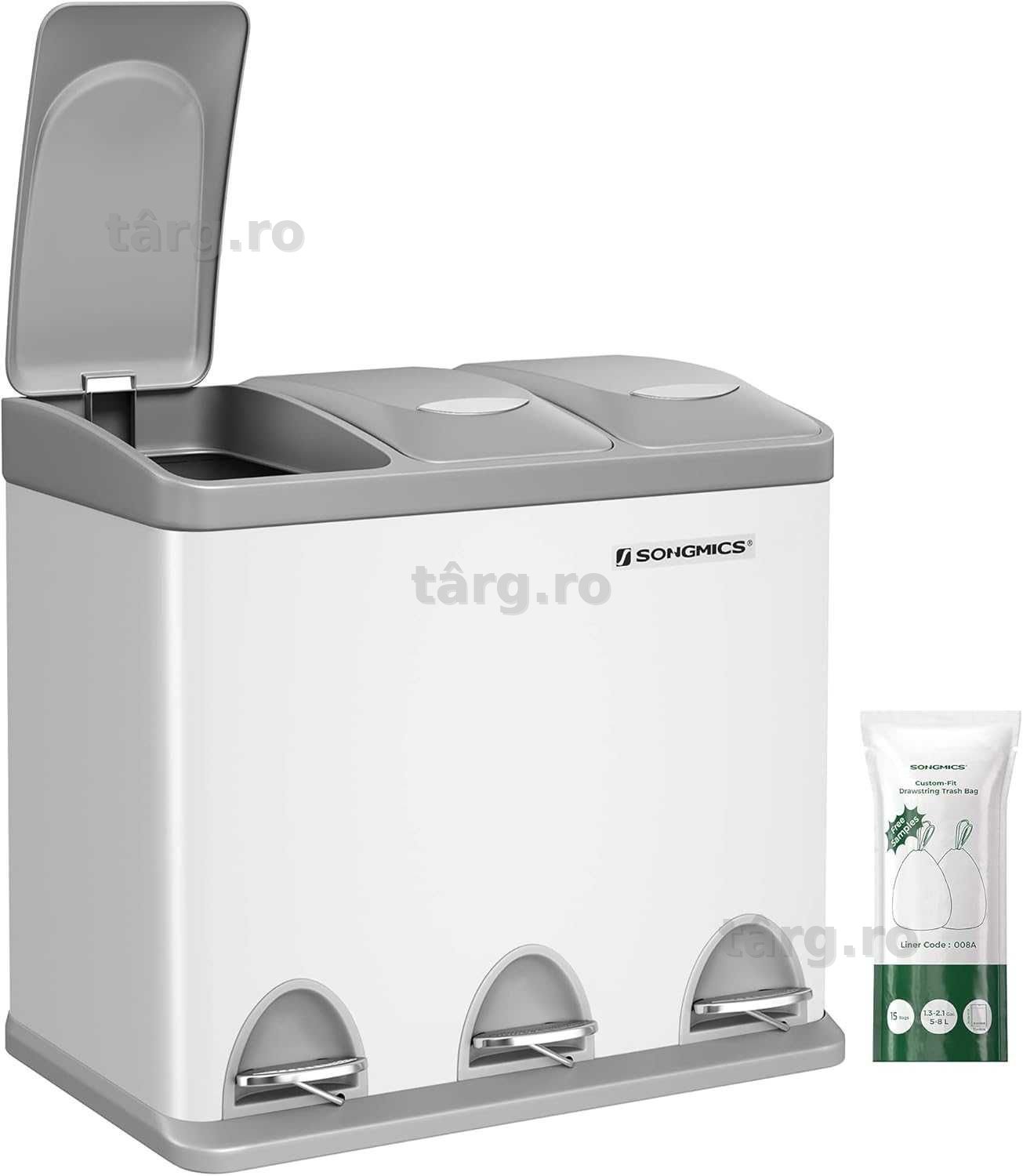 Cos gunoi colectare selectiva Songmics, 3 compartimente, 24 L, alb‑gri