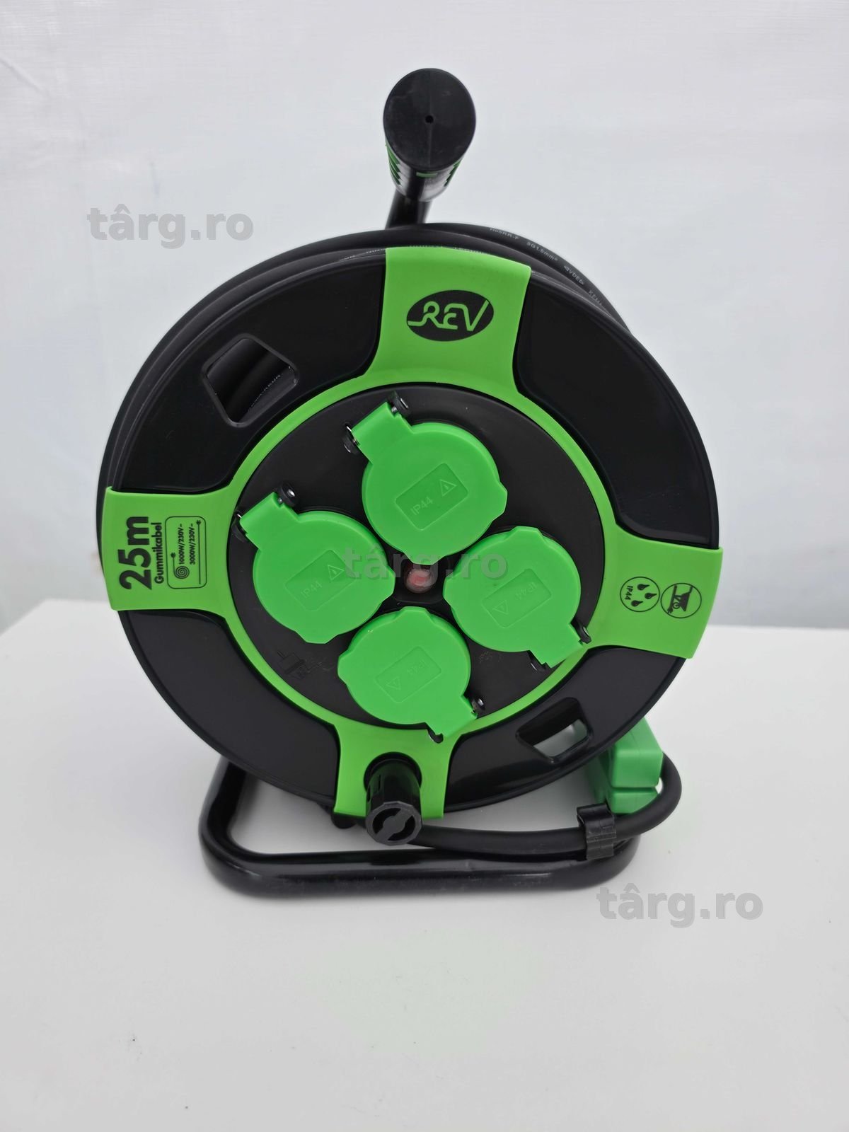 Rola de cablu REV H05RR IP44, 25 m, 3000 W, pentru exterior, cu 4 prize