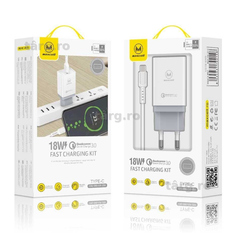 Set Incarcator Retea + Cablu Lightning, Maxcell, 18W, 3A,USB-A, QC 3.0