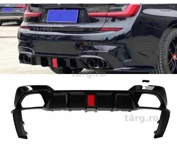 Difuzor LED cu Splitere Bara M BMW G20 G21, Evacuari Duble, 340 style, Negru Lucios