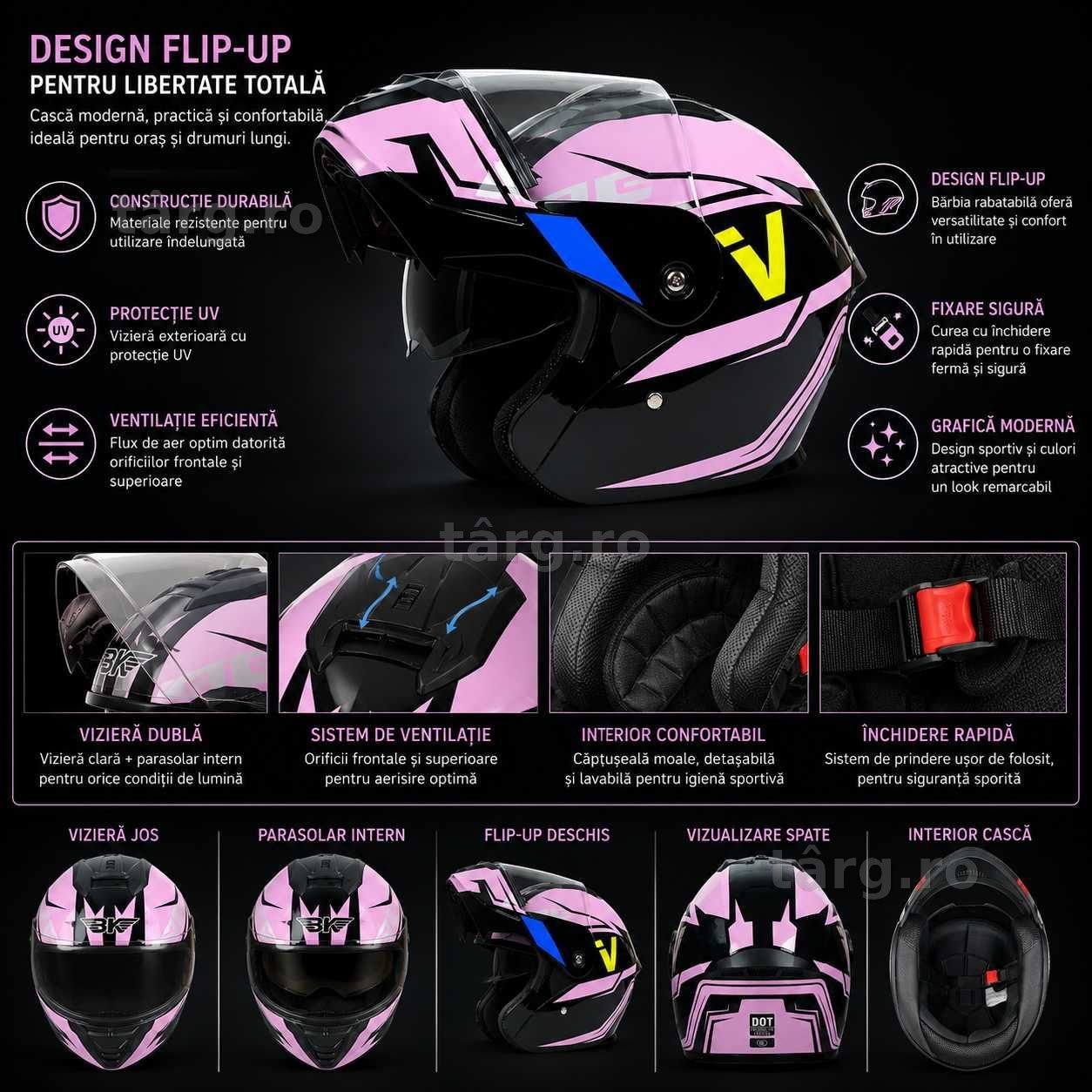 Casca Moto/Scuter Flip-Up, Viziera Dubla, Protectie UV, Roz 3