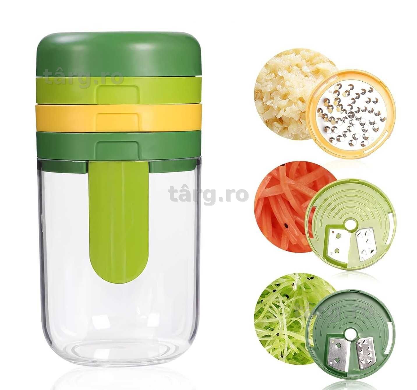 Spiralator manual cu 3 accesorii de taiere interschimbabile recipient