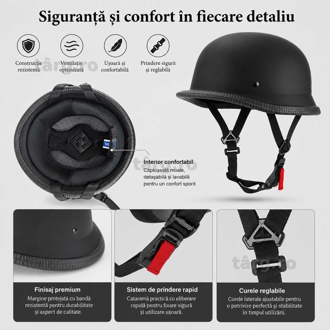 Casca Moto/Scuter Retro German, Interior Confortabil, Prindere rapida, Negru Mat 2