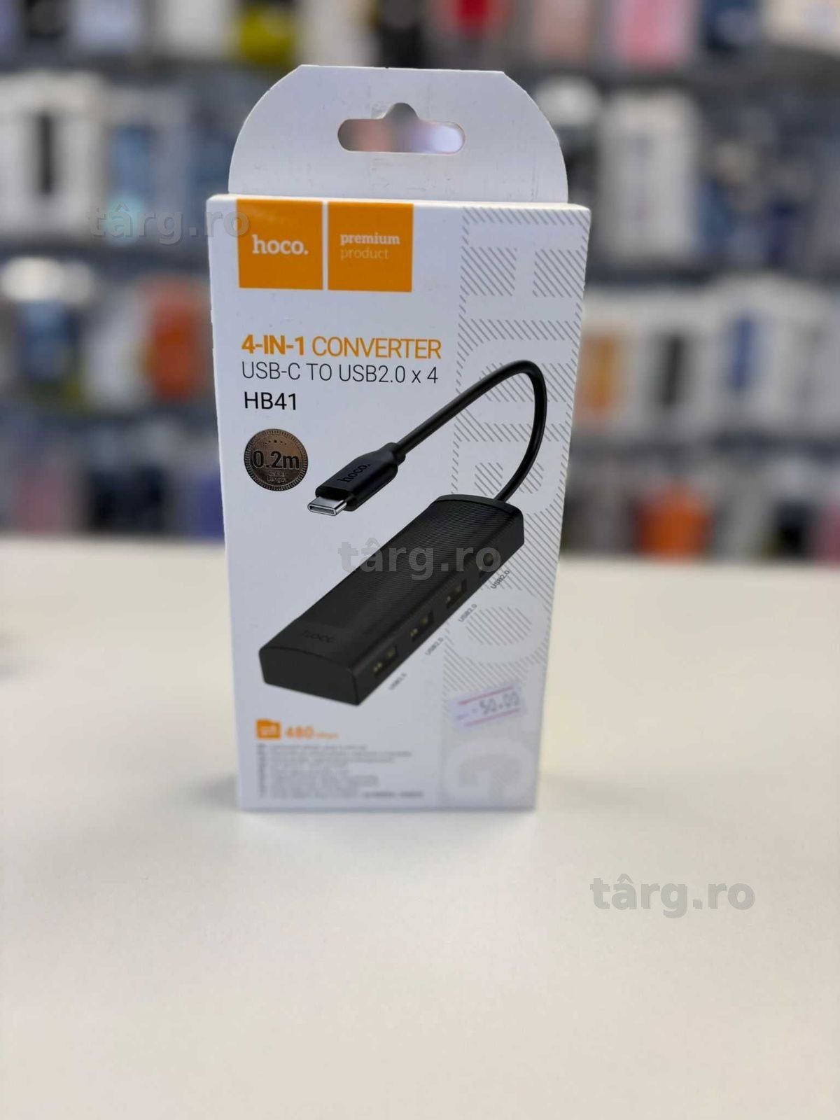 Hub Multiport 20cm USB-C, HOCO HB41, 4xUSB 2.0, 480Mps, Negru