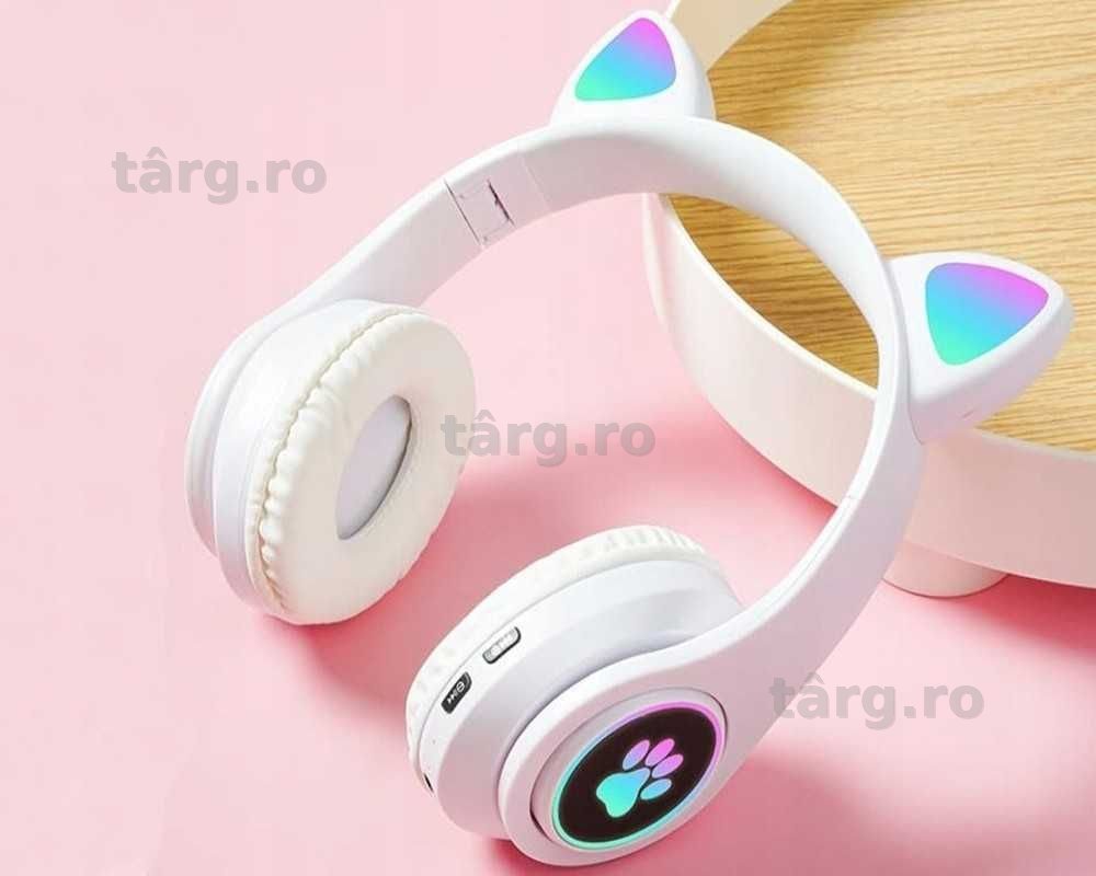 Casti Bluetooth cu urechi de pisica LED RGB radio MP3 microSD microfon