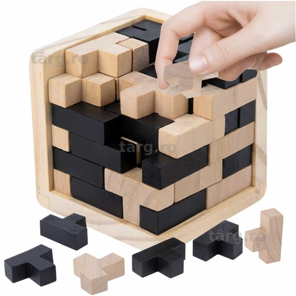 Puzzle cub din lemn 3D joc logica tip brain teaser cu 52 de blocuri T