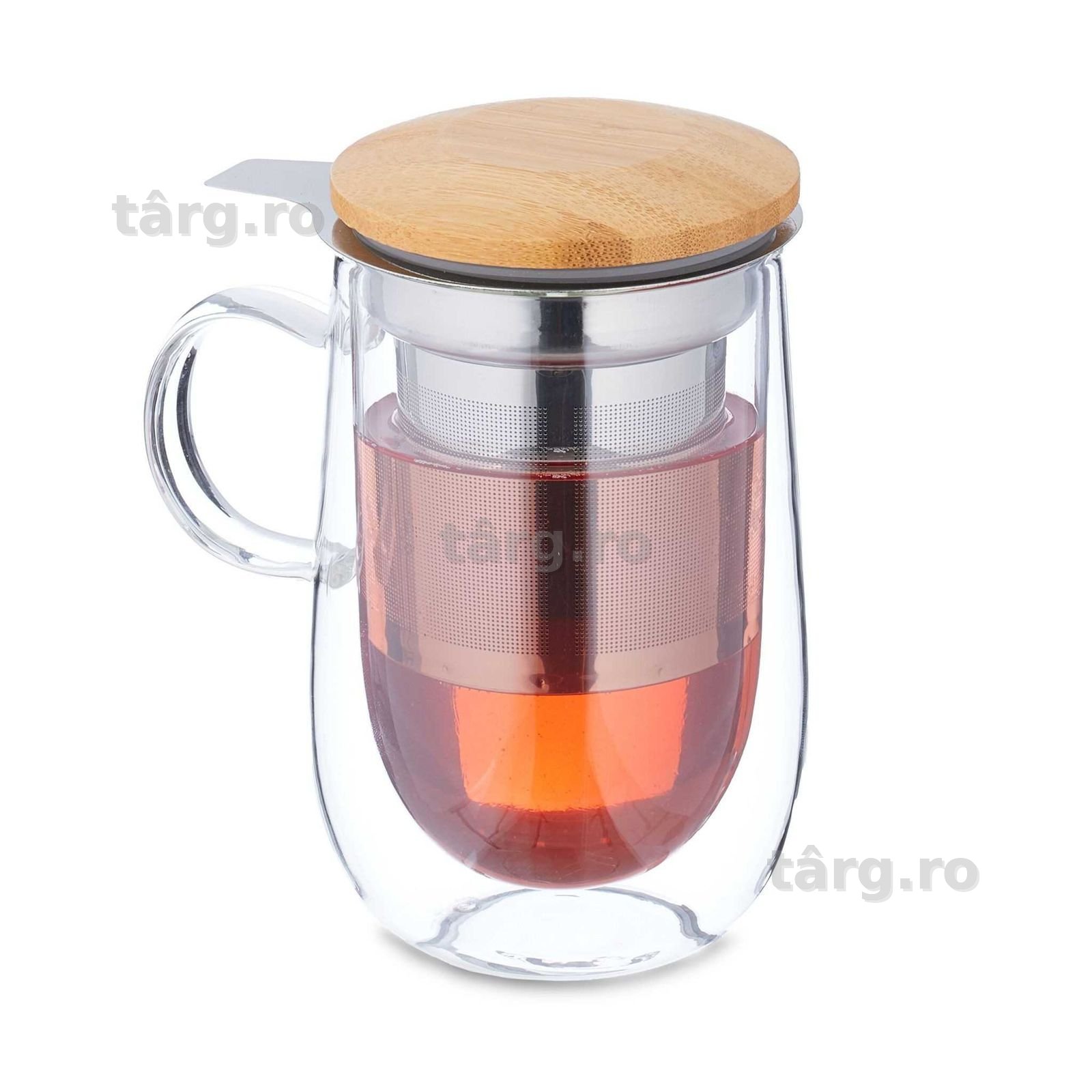 Cana din Sticla cu Infuzor si Capac din Bambus 430 ml cu Perete Dublu
