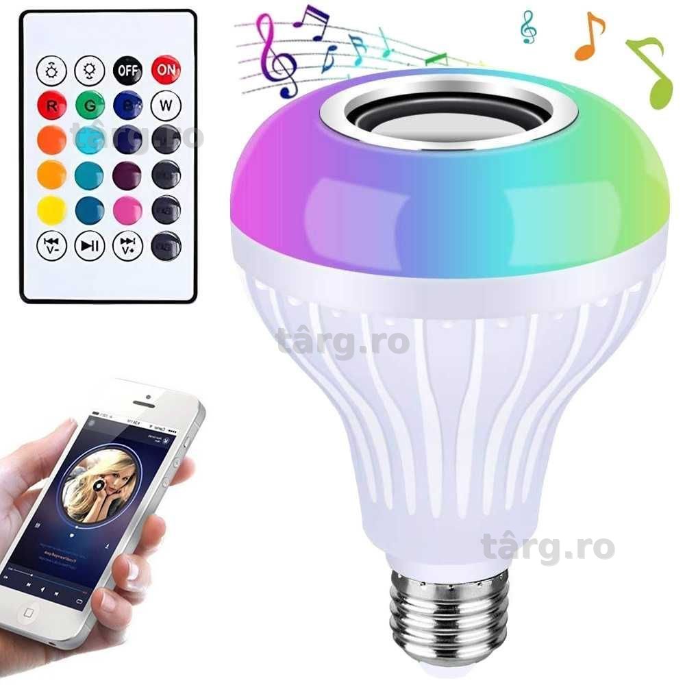 Bec LED RGB cu difuzor Bluetooth si telecomanda 12 culori soclu E27