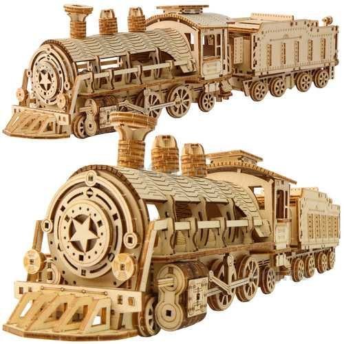 Puzzle 3D locomotiva cu abur si vagon din lemn de asamblat 282 piese