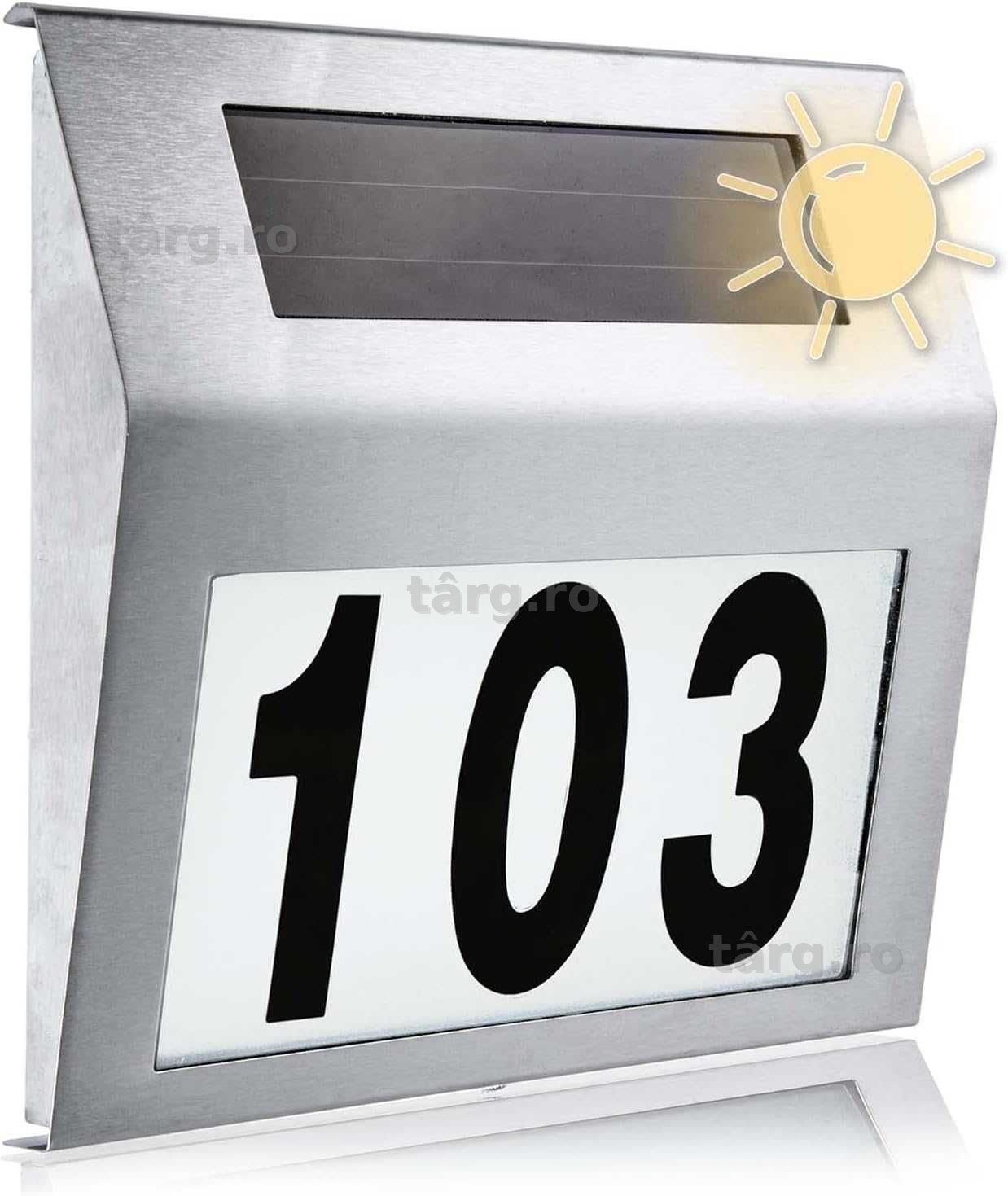 Panou numar de casa cu iluminare solara LED din inox argintiu 18x20 cm