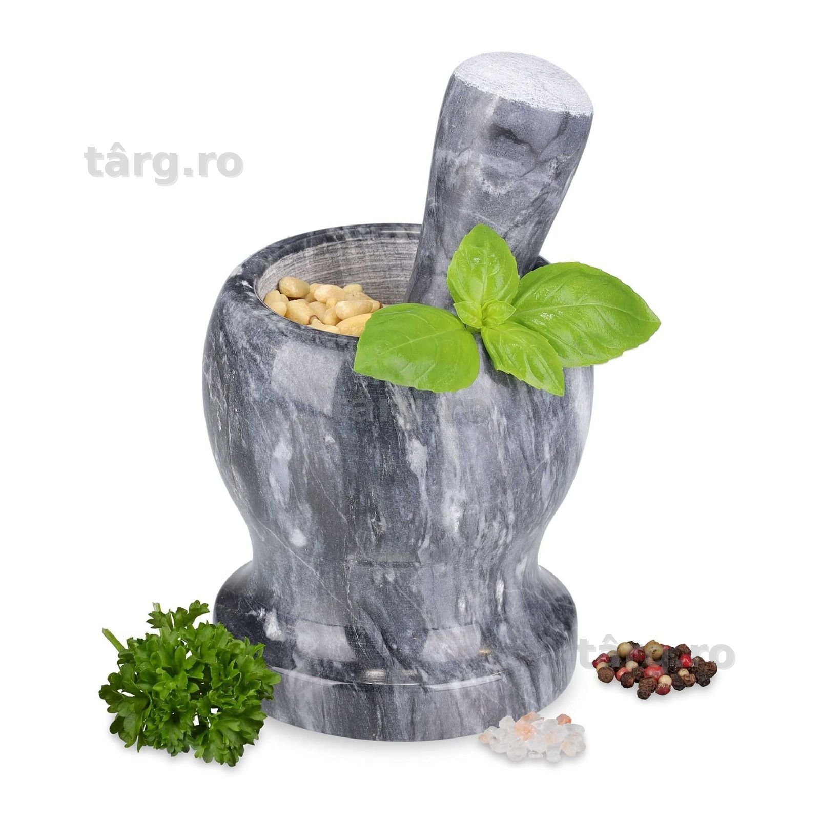 Mojar cu pistil din marmura rotund pentru condimente alb/gri 11x10.5cm
