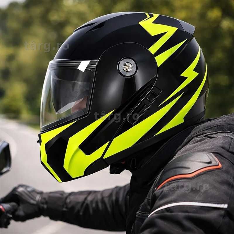 Casca Moto/Scuter/ATV Flip-Up,viziera dubla, Negru cu Verde, L 59-60cm 3