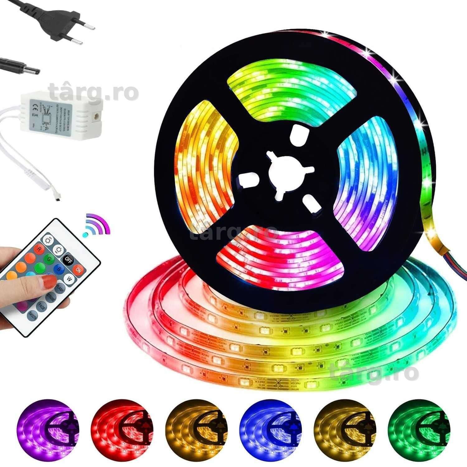 Banda LED RGB 5 metri cu telecomanda si alimentare la priza 300 lumini