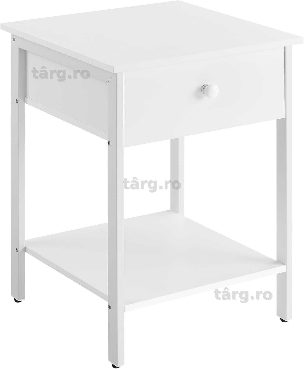 Noptiera alb mat cadru metalic Vasagle, 40 × 40 × 55 cm, sertar + raft