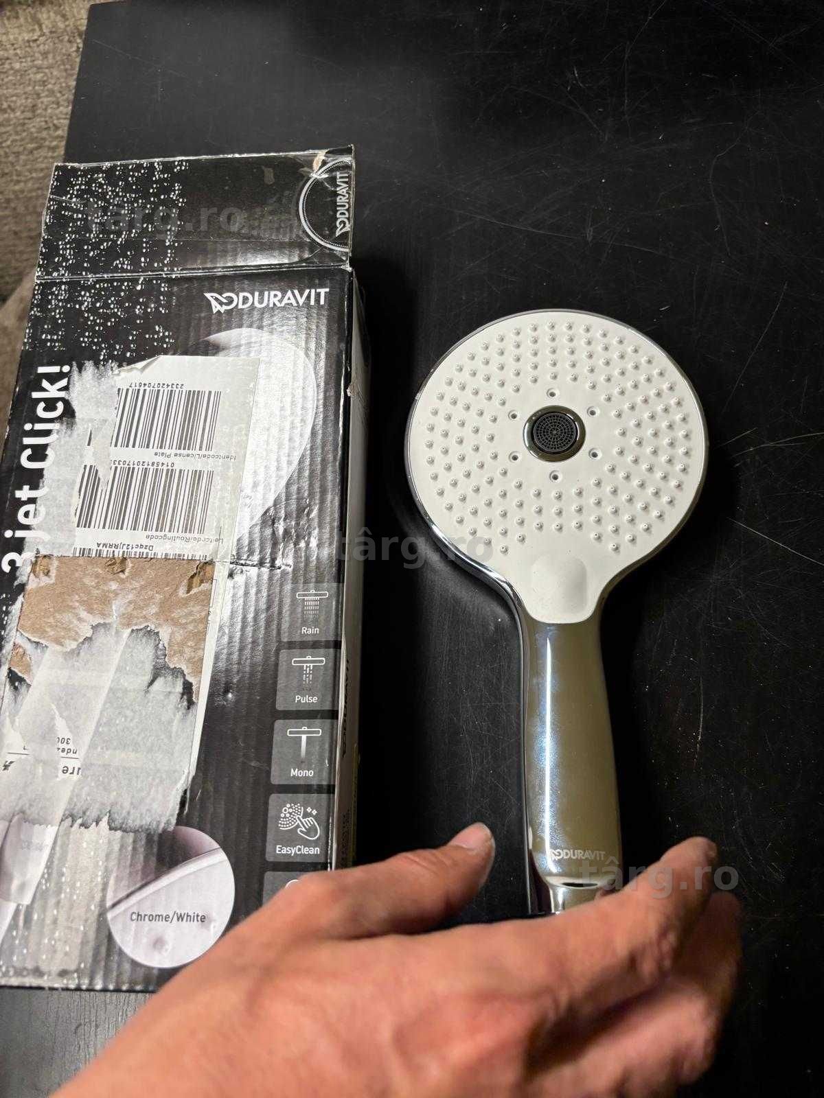 Para de duș universal Duravit cu 3 tipuri de jet (ploaie, pulsare, mono), duș manual rotund (diametru 120 mm), cap de duș cu butuci