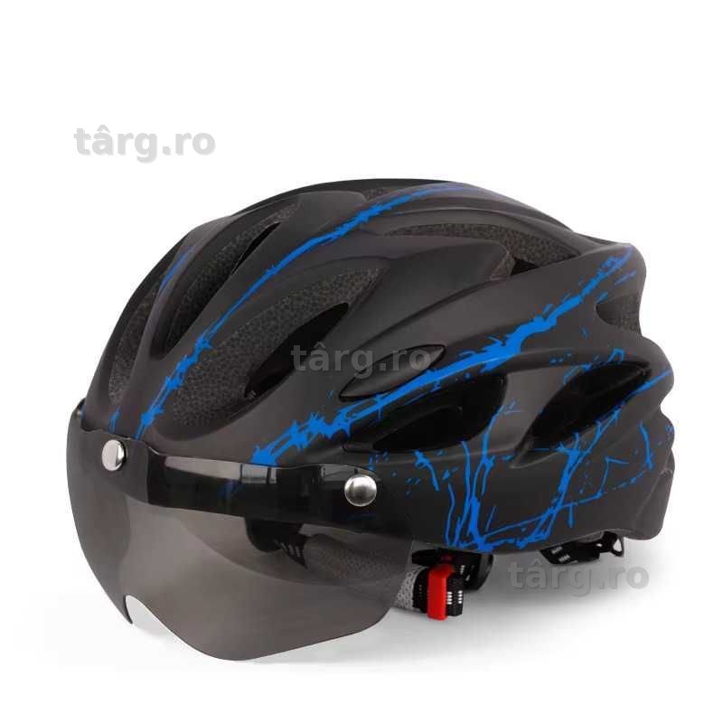 Casca Bicicleta, Viziera detasabila, Aerodinamica, Dimensiune reglabila 54-62cm, Negru cu Albastru